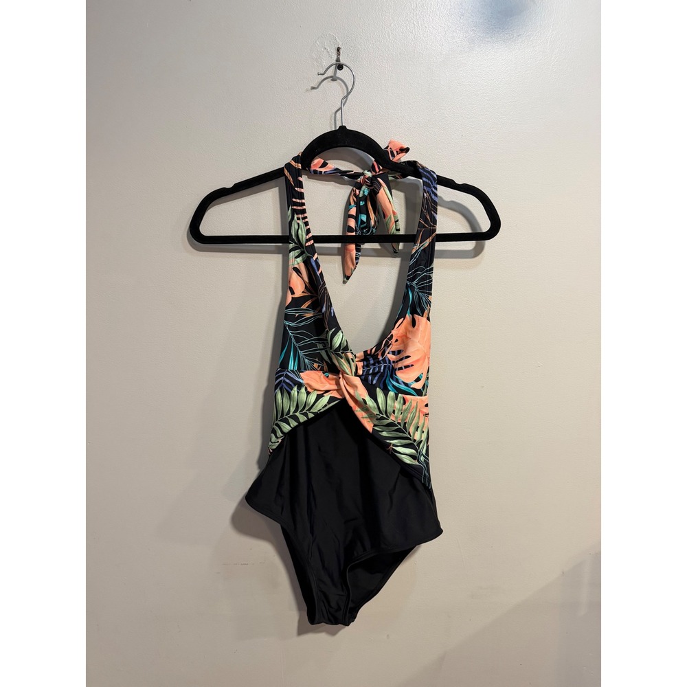Cupshe Womens Tropical Palm Print Twist Front Halter One Piece Swimsuit Black‎ M